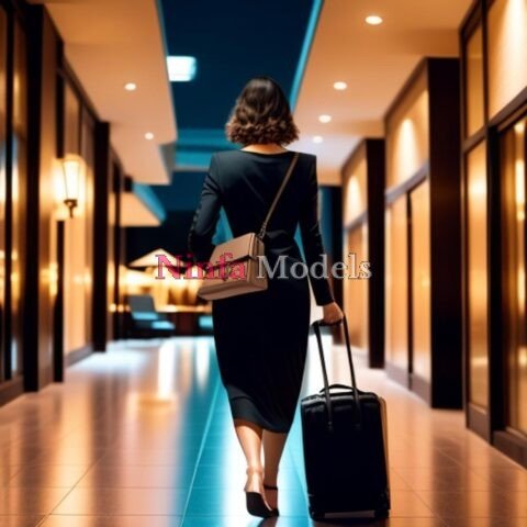 a escort walking down a hallway with a suitcase