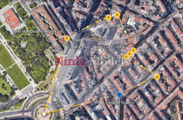 Aerial map of Lisbon highlighting the Marquês de Pombal area with a red overlay, marking the locations of various bars and strip clubs. The names of the establishments are visible on the map.