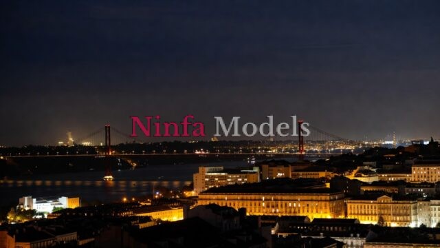 Panoramic nighttime view of Lisbon skyline featuring the illuminated 25 de Abril Bridge and Tagus River, evoking elegance and safety in Portugal's capital.